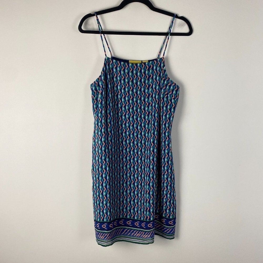 Anthropologie Maeve Sleeveless Blue Green Silk Geometric Tank Mini Dress Size M